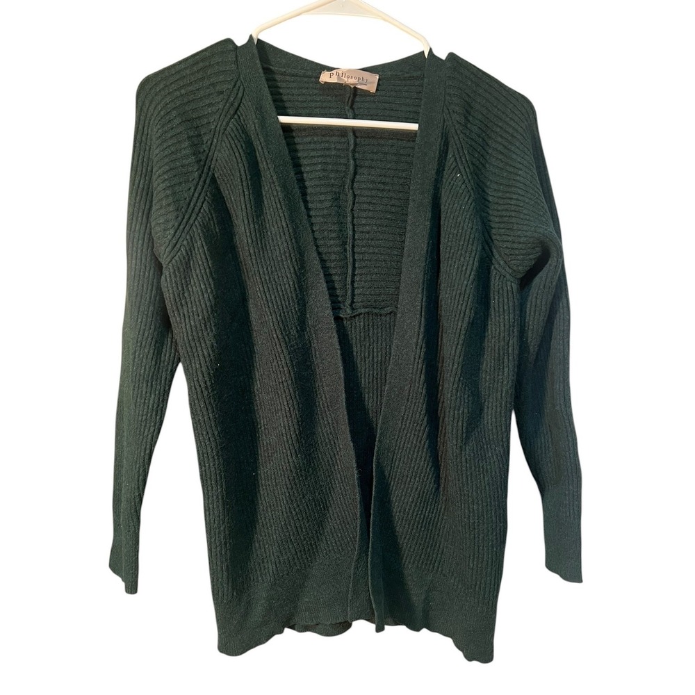 Philosophy Women's Size XS Open Front Cardigan Sweater Dark Green Ribbed Long